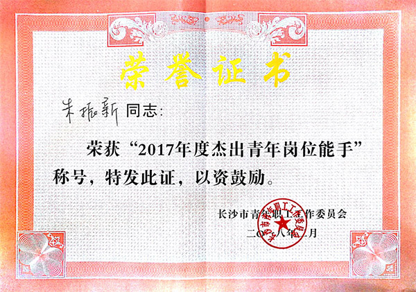 热博rb88体育官网朱振新荣获长沙市2017年度杰出青年岗位能手